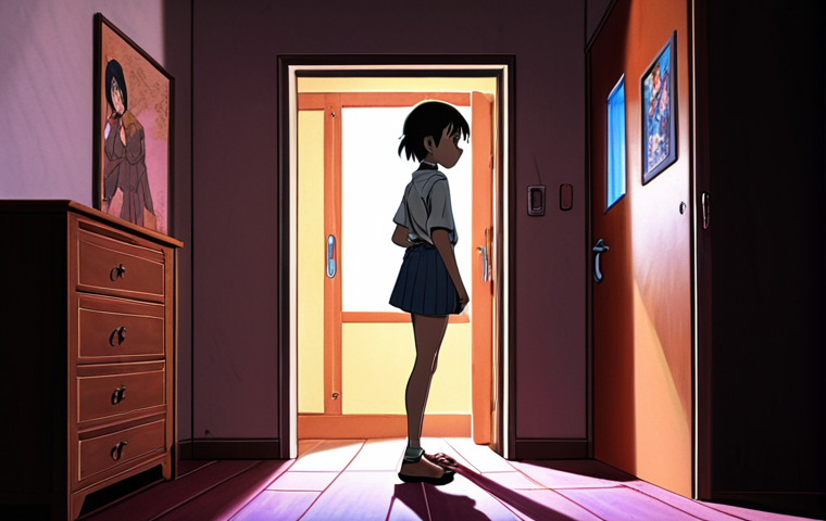 "A dynamic illustration capturing Guhari's transformation from fear to courage in Shinbi Apartment. On one side, she is depicted as a timid, slightly scared girl, perhaps shrinking back from a shadowy form. On the other side, she stands brave and determined, eyes resolute, ready to face a challenge. Anime style, vibrant colors, emphasizing growth and inner strength."