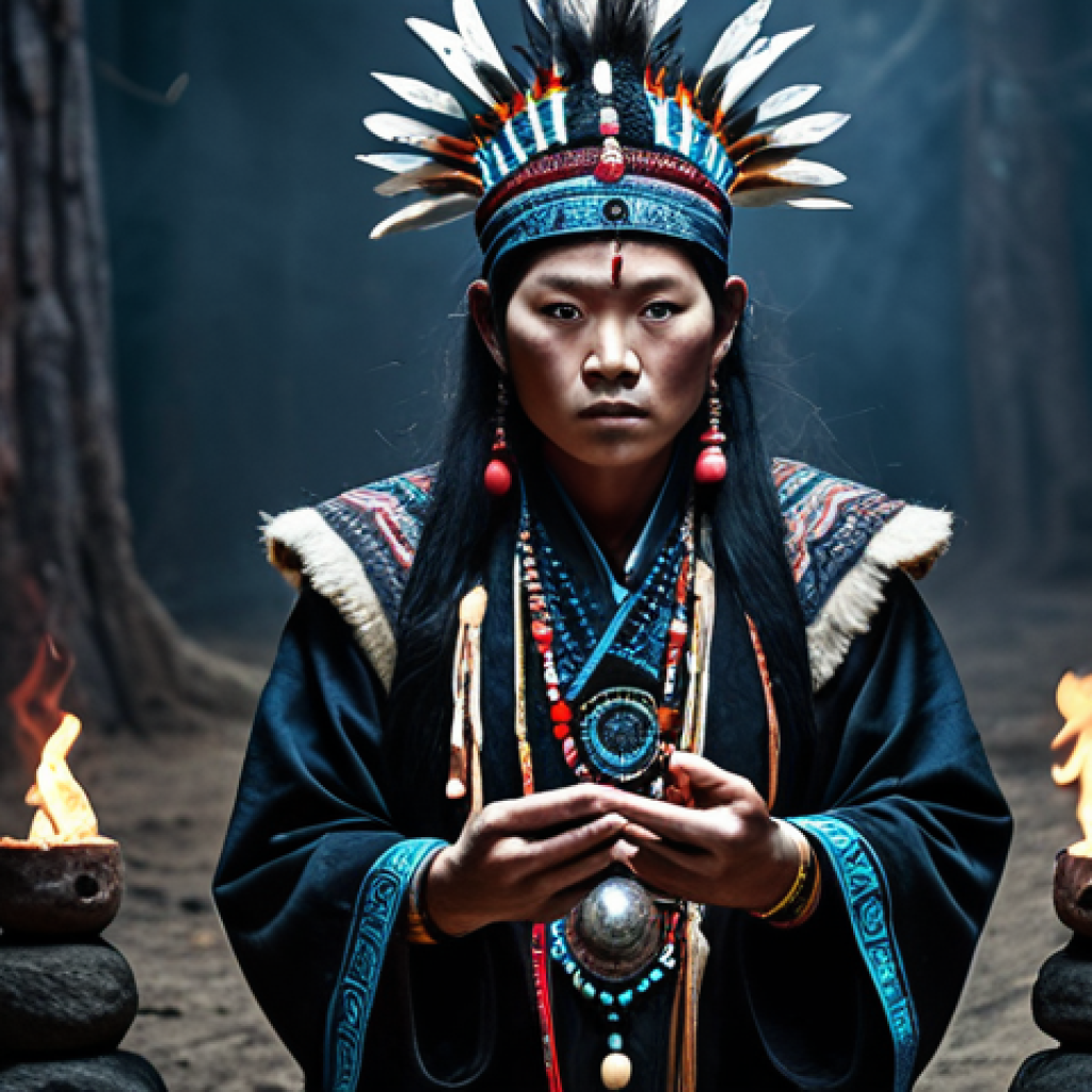 **

"Kang-rim in dark, traditional shaman clothing, summoning spirits, with a mysterious and intense gaze. Background: Eerie, supernatural atmosphere."

**