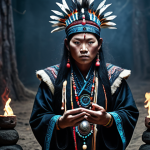 **

"Kang-rim in dark, traditional shaman clothing, summoning spirits, with a mysterious and intense gaze. Background: Eerie, supernatural atmosphere."

**