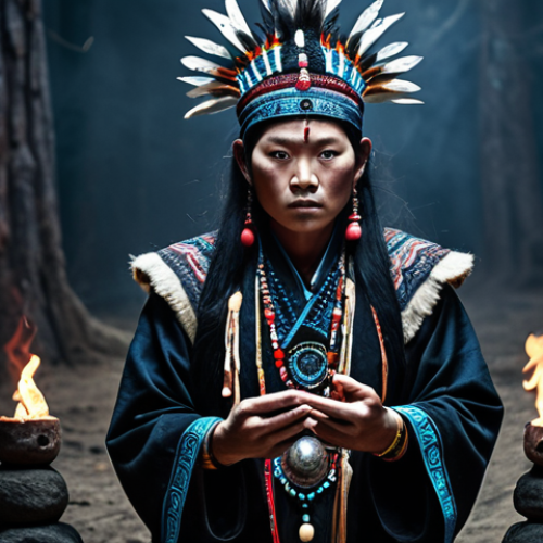 Home 8 **
"Kang-rim in dark, traditional shaman clothing, summoning spirits, with a mysterious and intense gaze. Background: Eerie, supernatural atmosphere."
**