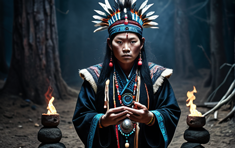 **

"Kang-rim in dark, traditional shaman clothing, summoning spirits, with a mysterious and intense gaze. Background: Eerie, supernatural atmosphere."

**